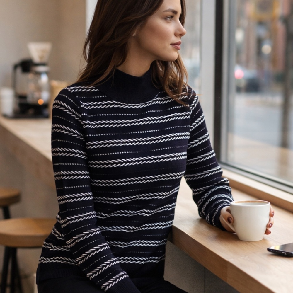 EUC White House Black Market Black White Ribbed Mock Neck Sweater - Size M